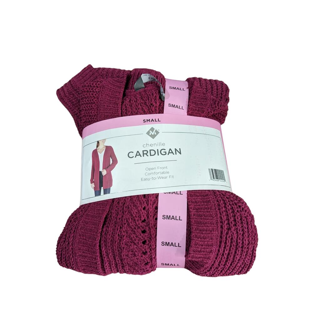 Members Mark Chenille Cardigan Sweater S Raspberry Red Open Front Loose Knit New
